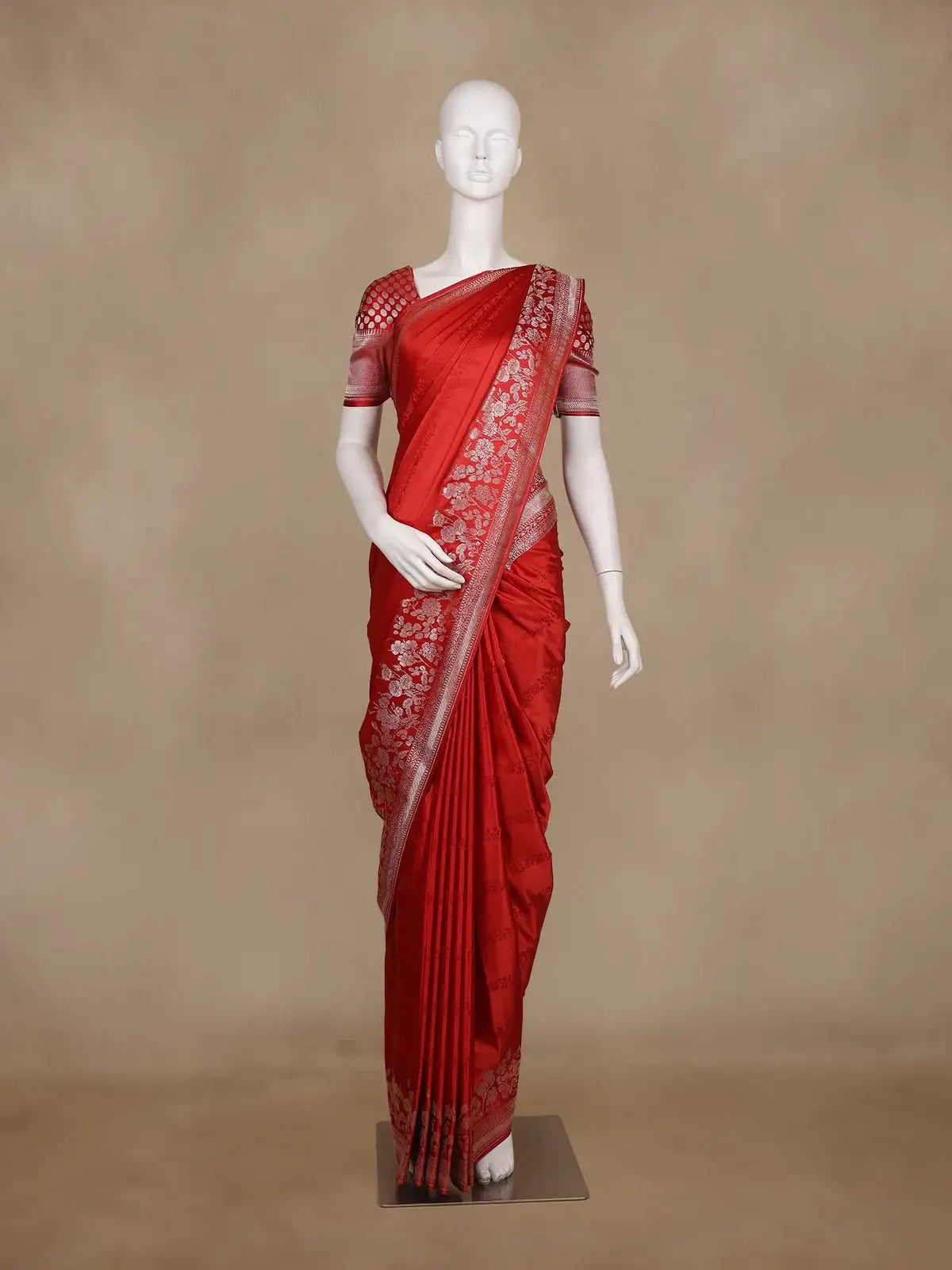 Red Floral Woven Banarasi Silk Saree With Silver Zari Border - Diadem
