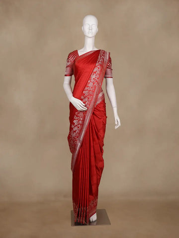 Red Floral Woven Banarasi Silk Saree With Silver Zari Border - Diadem