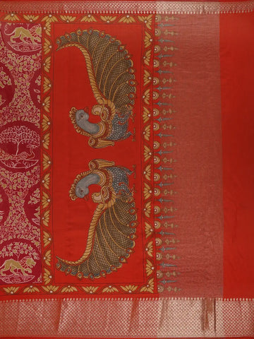 Red Floral Woven Tussar Silk Saree - Diadem