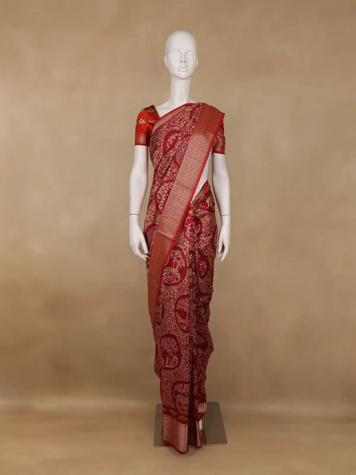 Red Floral Woven Tussar Silk Saree - Diadem