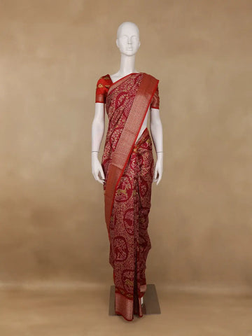 Red Floral Woven Tussar Silk Saree - Diadem