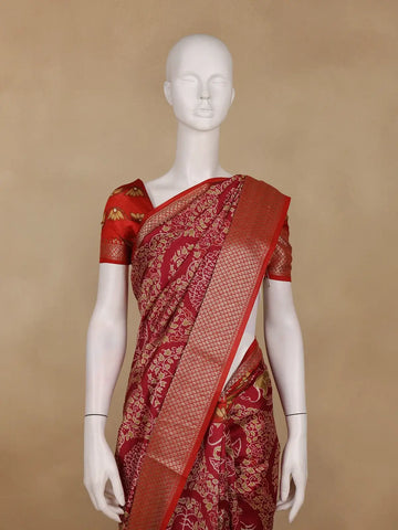 Red Floral Woven Tussar Silk Saree - Diadem