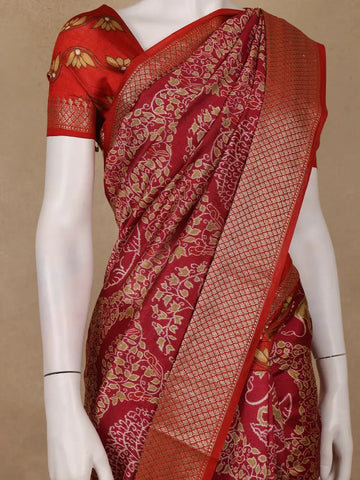 Red Floral Woven Tussar Silk Saree - Diadem