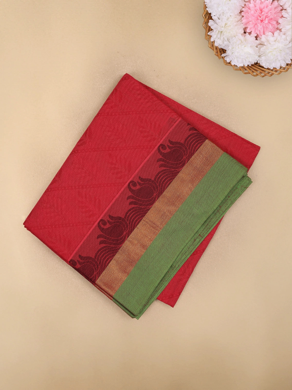 Red Leaf Woven Design Cotton Saree