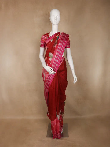 Red Multicolor Floral Print Kota Cotton Saree - Diadem