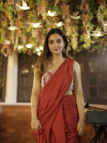 Red Satin Saree with Plain Body and Designer Blouse with Waist Belt - Diadem