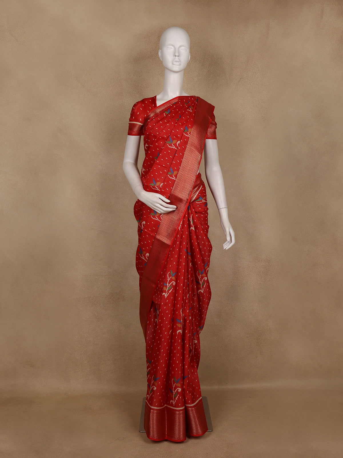 Red Pochampally Ikat Design Cotton Saree with Zari Border