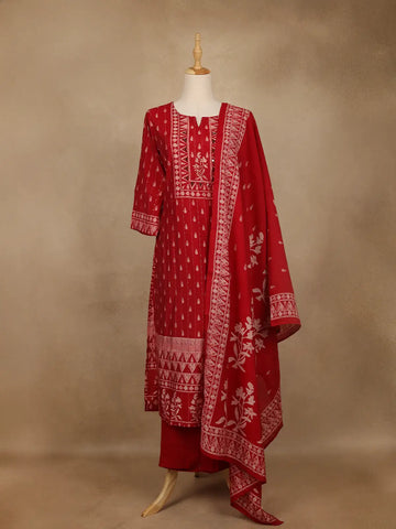 Red Printed Cotton Salwar Suit with Dupatta - Diadem