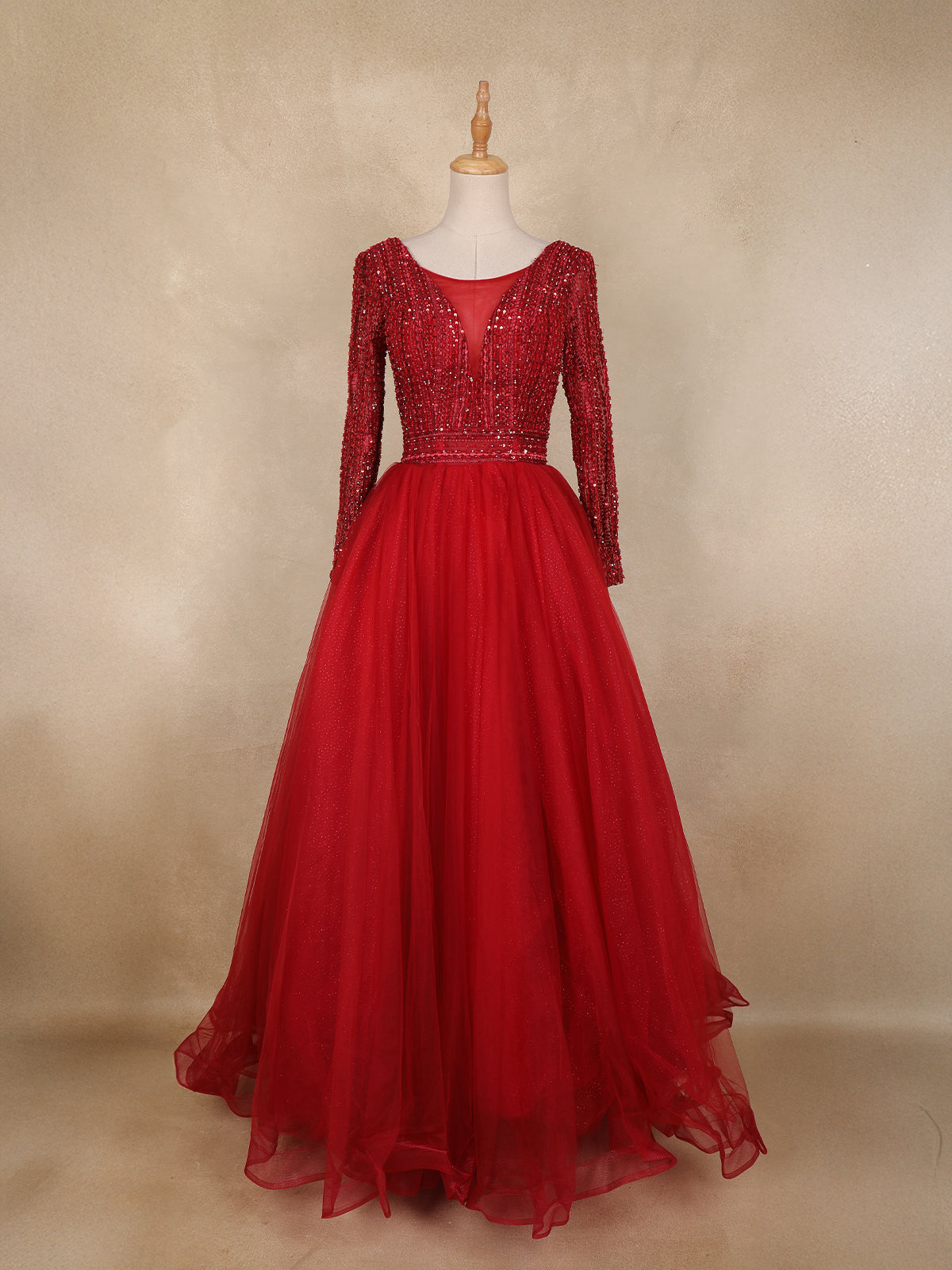 Red Sequins Embellished Design Net Ball Gown with Full Sleeves | Diadem Red Sequins Embellished Design Net Ball Gown with Full Sleeves | Diadem