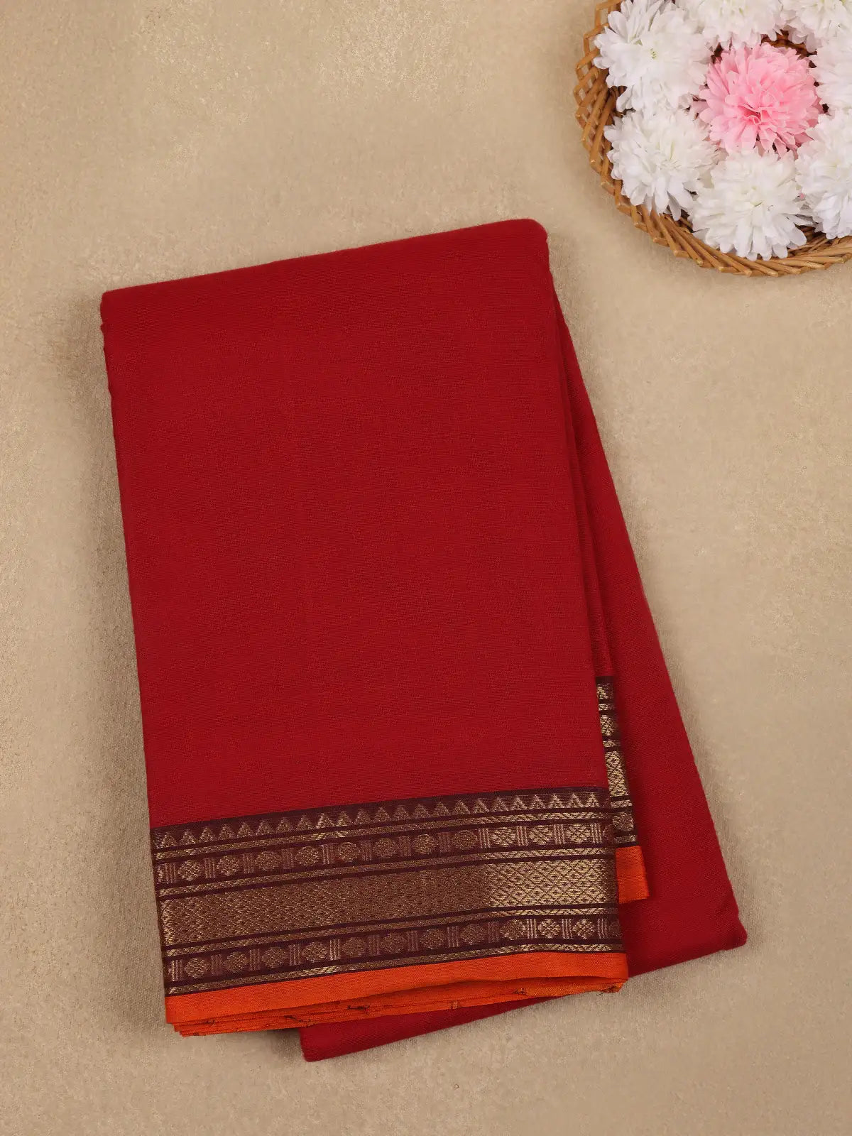Red Solid Design Cotton Saree with Zari Woven Border - Diadem