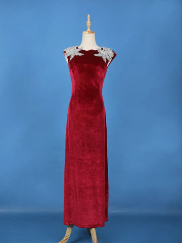 Red Solid Design Velvet Partywear Gown With Silver Floral Shoulder Embellishments - Diadem
