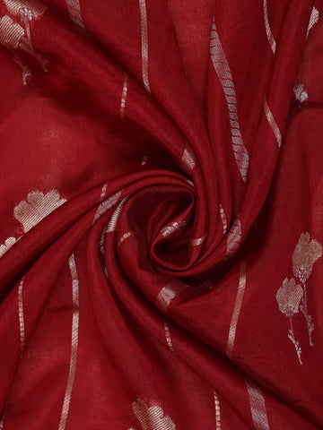 Red Stripes And Floral Woven Banarasi Silk Saree With Zari Border - Diadem