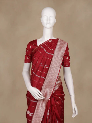 Red Stripes And Floral Woven Banarasi Silk Saree With Zari Border - Diadem