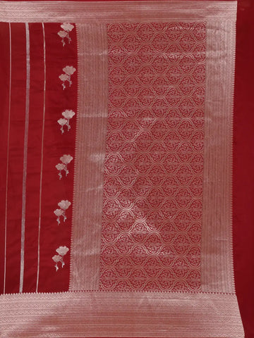 Red Stripes And Floral Woven Banarasi Silk Saree With Zari Border - Diadem
