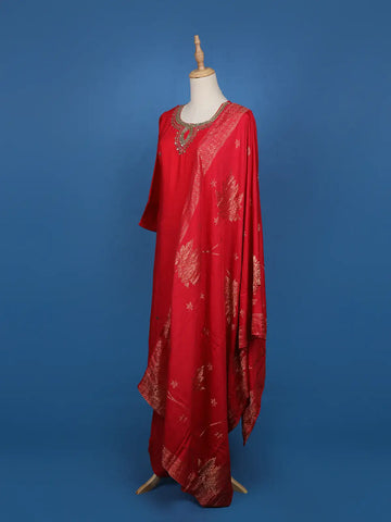 Red Embroidered Jacquard Straight Cut Salwar Suit - Diadem