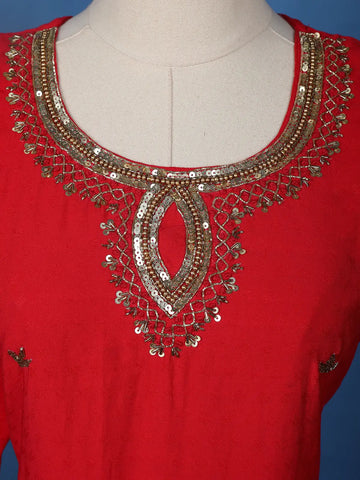 Red Embroidered Jacquard Straight Cut Salwar Suit - Diadem
