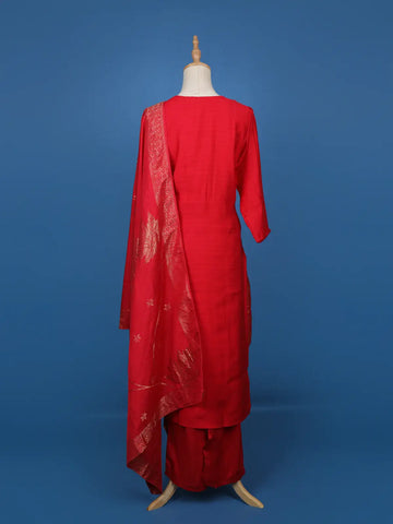 Red Embroidered Jacquard Straight Cut Salwar Suit - Diadem