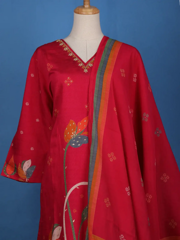 Red Floral Designed Cotton Salwar Suit - Diadem