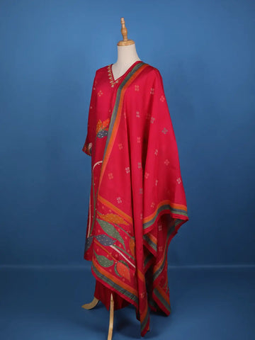 Red Floral Designed Cotton Salwar Suit - Diadem