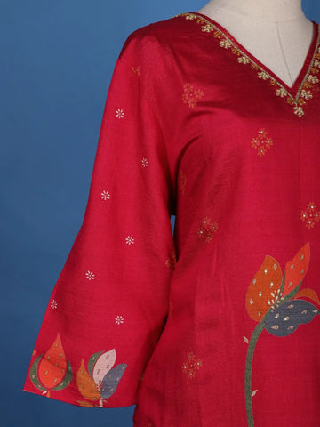 Red Floral Designed Cotton Salwar Suit - Diadem