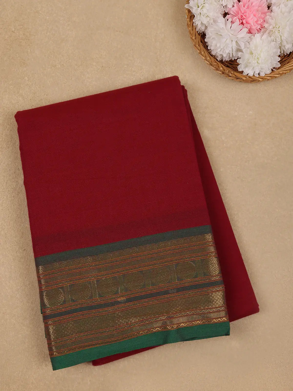 Red Floral Designed Cotton Saree - Diadem