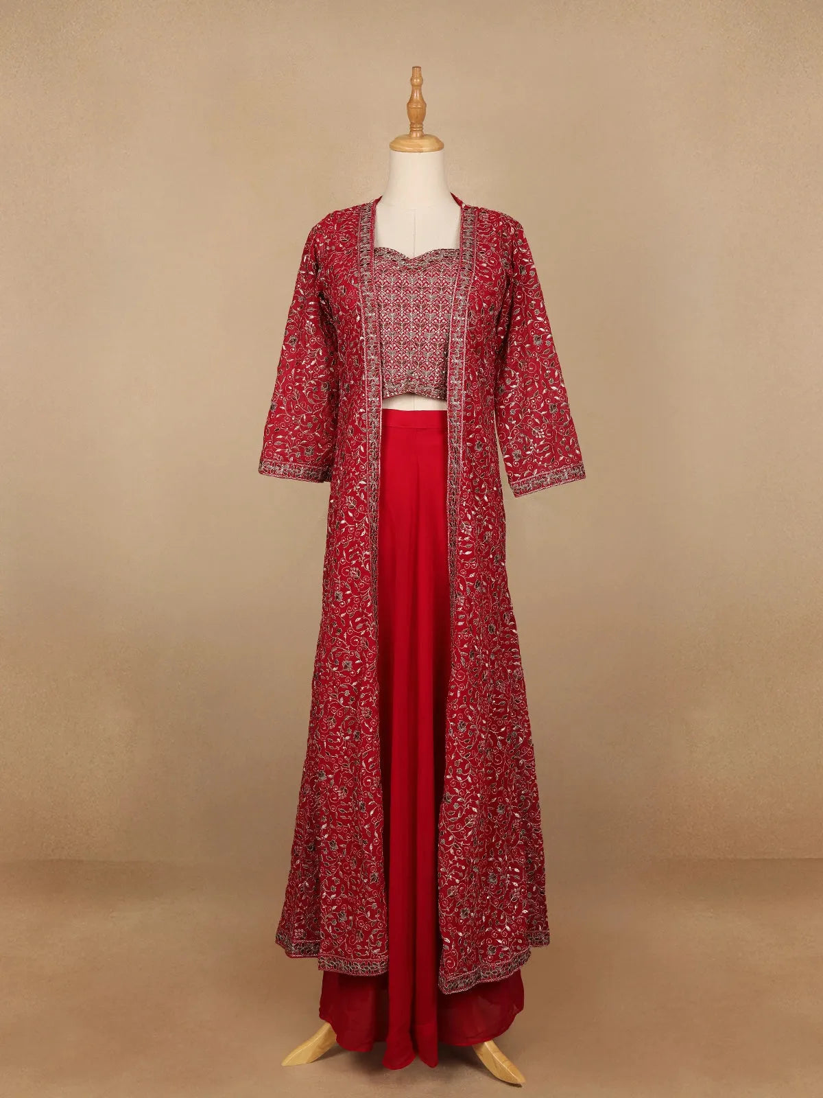 Red Floral Design Georgette Palazzo Suit - Diadem