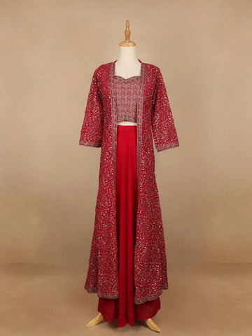 Red Floral Design Georgette Palazzo Suit - Diadem