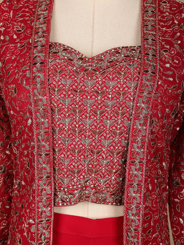 Red Floral Design Georgette Palazzo Suit - Diadem