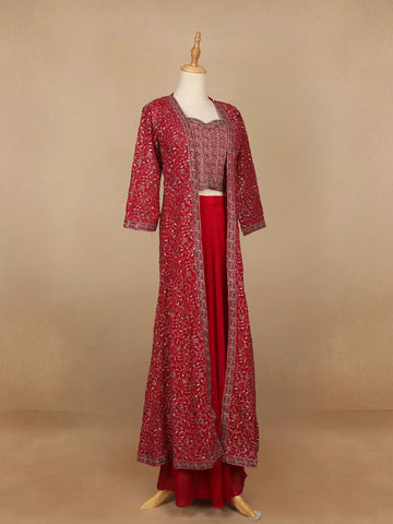 Red Floral Design Georgette Palazzo Suit - Diadem