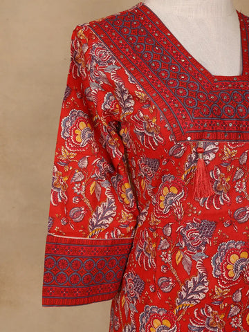 Red Floral Design Printed Cotton Salwar Suit - Diadem