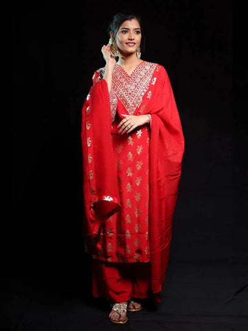 Red Floral Designed Banarasi silk Palazzo Salwar Suit - Diadem