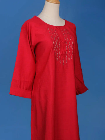 Red Floral Designed Cotton Kurti - Diadem