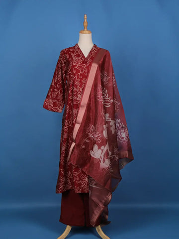 Red Floral Designed Cotton Salwar Suit - Diadem