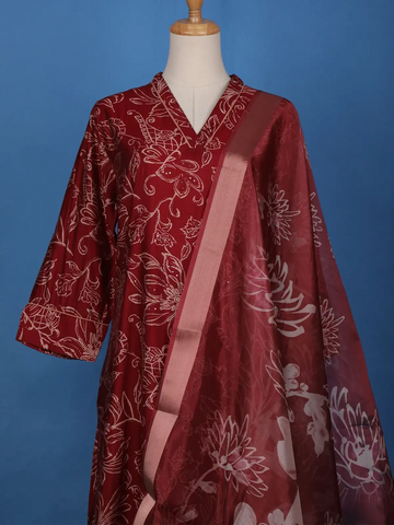 Red Floral Designed Cotton Salwar Suit - Diadem