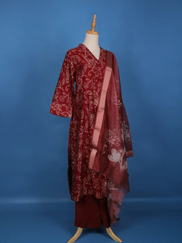 Red Floral Designed Cotton Salwar Suit - Diadem