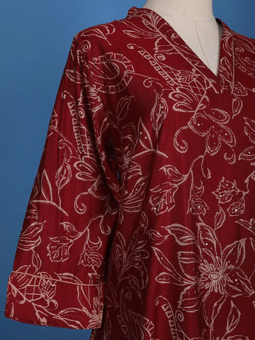 Red Floral Designed Cotton Salwar Suit - Diadem