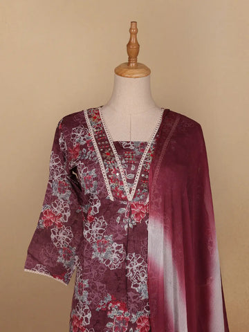 Red Floral Designed Cotton Salwar Suit - Diadem