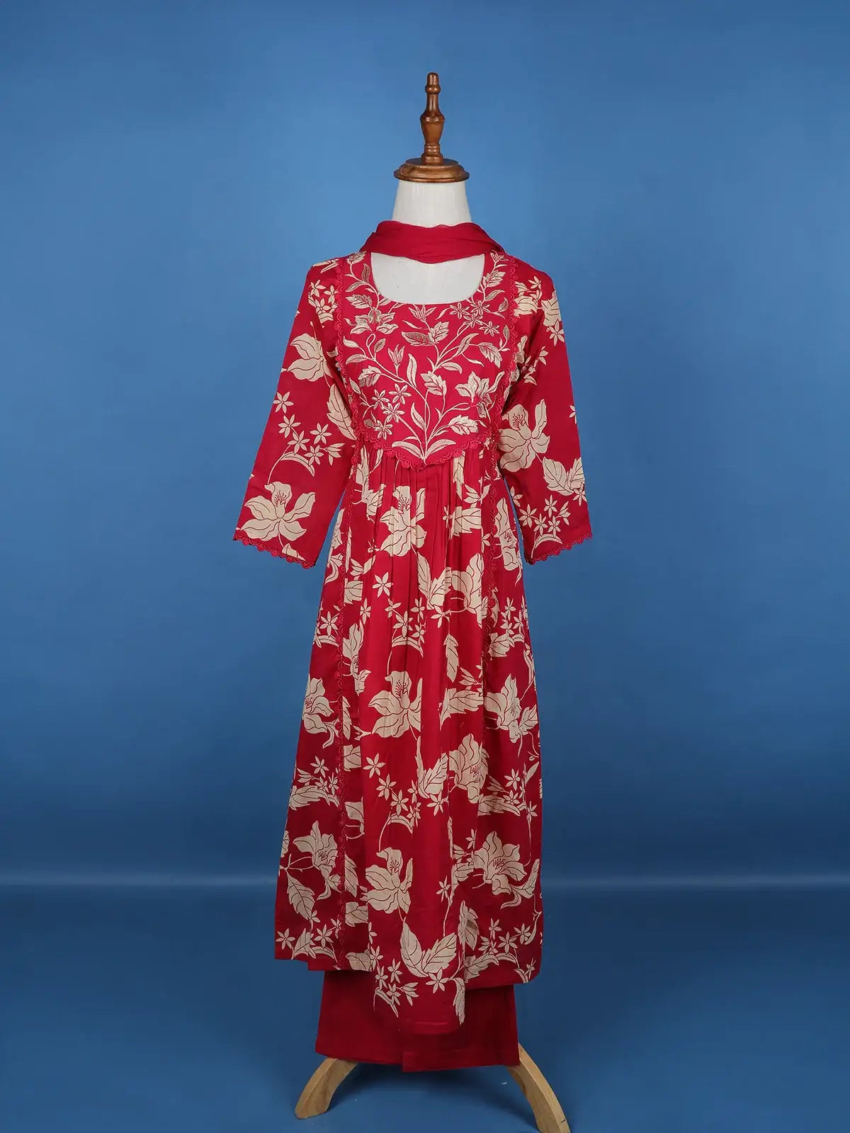 Red Floral Designed Cotton Salwar Suit - Diadem