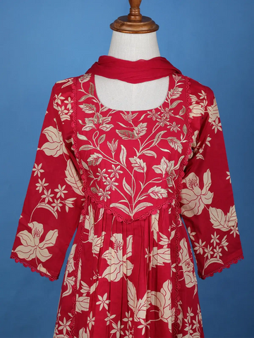 Red Floral Designed Cotton Salwar Suit - Diadem