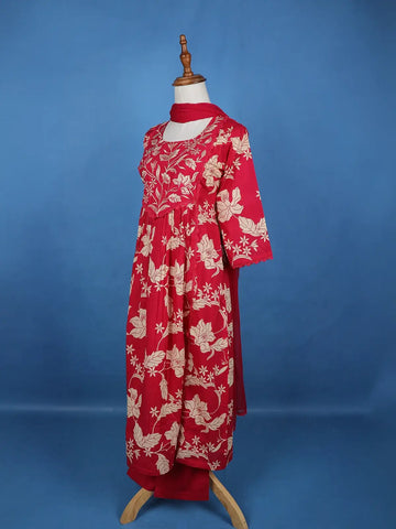 Red Floral Designed Cotton Salwar Suit - Diadem