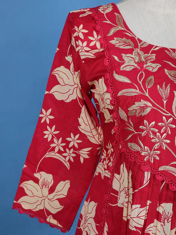 Red Floral Designed Cotton Salwar Suit - Diadem