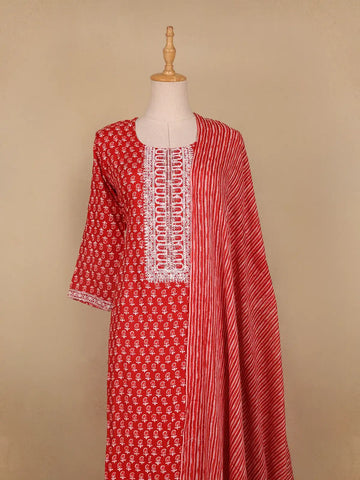 Red Floral Designed Cotton Salwar Suit - Diadem