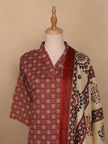 Red Floral Designed Cotton Salwar Suit - Diadem
