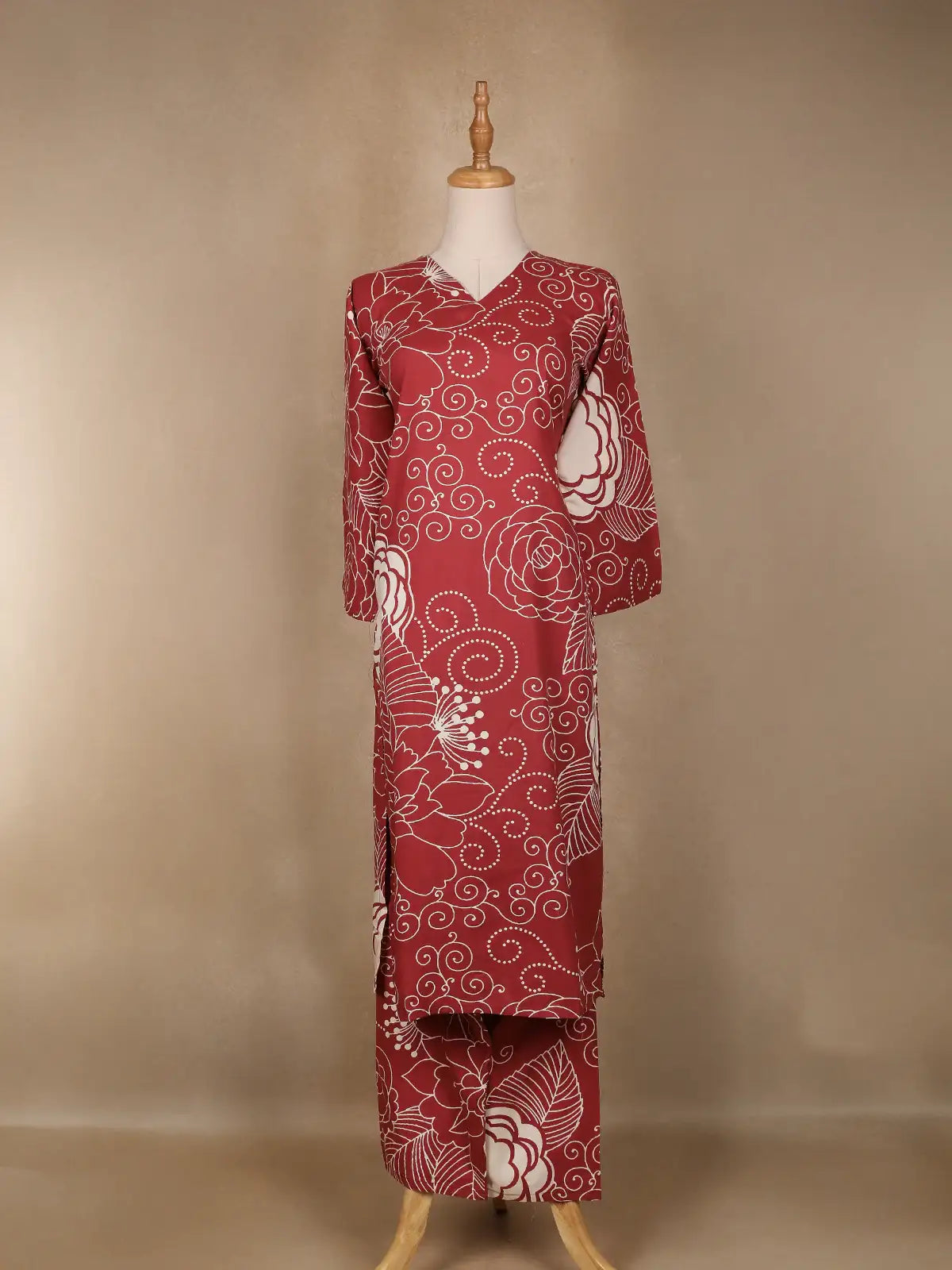 Red Floral Designed Cotton Salwar Suit - Diadem