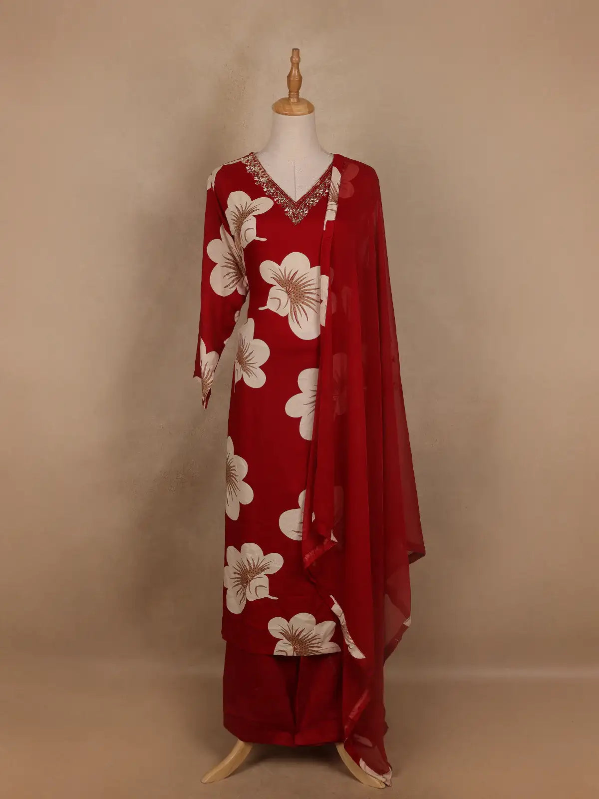 Red Floral Designed Cotton Salwar Suit - Diadem