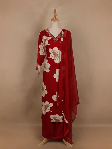 Red Floral Designed Cotton Salwar Suit - Diadem
