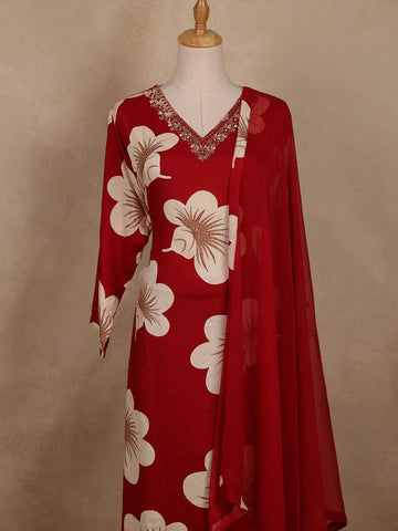 Red Floral Designed Cotton Salwar Suit - Diadem