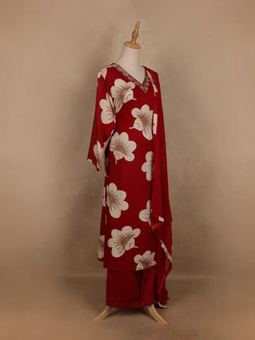 Red Floral Designed Cotton Salwar Suit - Diadem