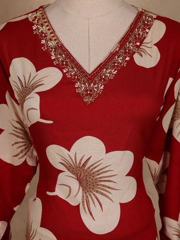 Red Floral Designed Cotton Salwar Suit - Diadem
