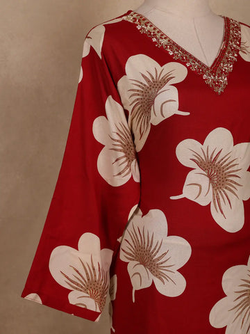 Red Floral Designed Cotton Salwar Suit - Diadem